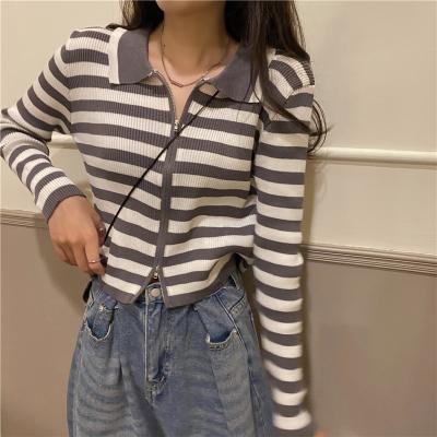 China anti-wrinkle striped retro lapel knit cardigan women's fall design sense niche double zipper jacket ins short for sale