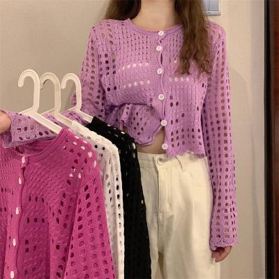 China 2022 Summer Long Sleeve Korean Temperament Anti-wrinkle Hollow Cardigan Wearing Knitted Women's Thin Short Coat for sale