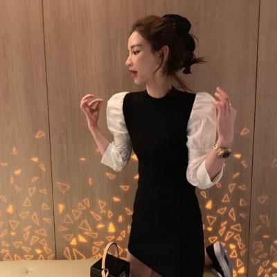 China French small crowd breathable flexible splicing soft wind dating temperament goddess fairy fan off the shoulder knitted dress trend for sale