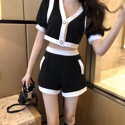 China 2022 Summer Breathable Bubble Sleeve Knitted Ice Silk Short Sleeve Wide Leg Shorts French Temperament Scented Retro Small Soft Set for sale