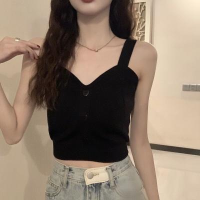 China CIS breathable Korean girly feeling suspender V-neck low coat in summer wear vest navel backless knitting short open top for sale