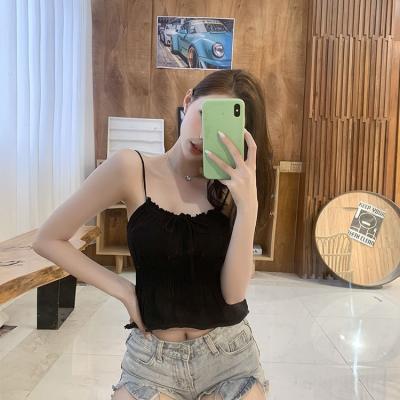 China Style Drawstring Breathable Sexy Strap Pleated Small Slim Waist Sling Vest With Fashionable Summer Short Knitted Women Wear for sale