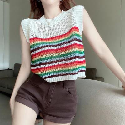 China Rainbow Knitted Vest Women's Summer Breathable Color Design Sense Small Hollow Short Loose Sleeveless Vest for sale