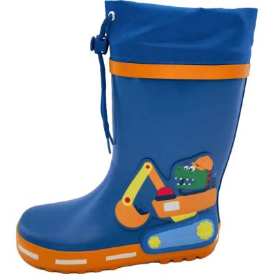 China Fashion Trend Wholesales Blue 3D Excavator Decorated Wellington Gum Boots Waterproof Durable Cheap Kids Rain Shoes For Girls/Boys for sale