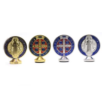 China Europe 2022 Catholic Gifts Metal Plating St Benedict Round Standing Medal Cross Christian Pendant Religious Enamel Religion Decoration for sale