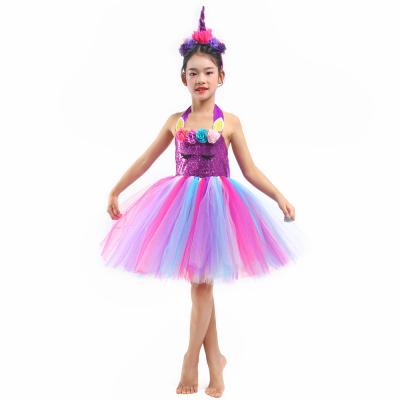 China Breathable Princess Children Clothing Birthday Party Wedding Dress Up Unicorn Horn Sequin Tutu Kids Girl Dress Hair Accessories for sale