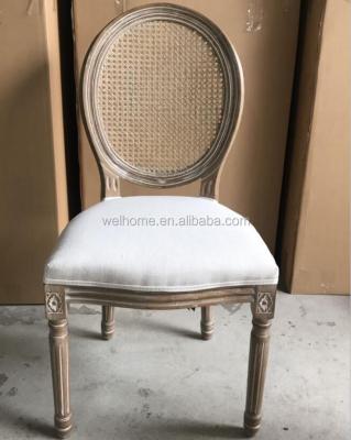 China Solid Wood Antique Color Wooden Louis Chair With Rattan Back For Weddings for sale