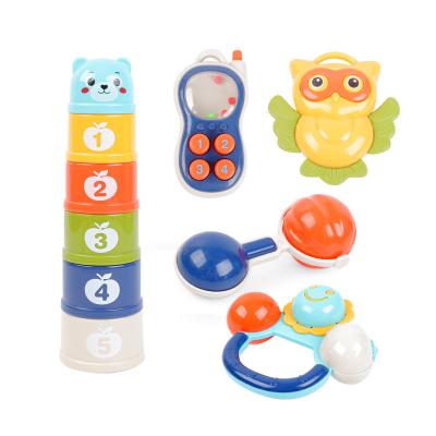 China Hot Selling Newborn Toddler Eco-friendly Material 0-1 Year Old Baby Hand Rattle Can Bite Silicone Stack Cup Rattle Baby Toy for sale