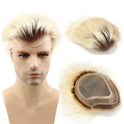 China Swiss Mesh Lace+Poly PU Mono Lace Hair Toupee (PU) 100% Roots Platinum Ombre Color Real Human Hair Wigs French Blonde Brown Mono Virgin Remy Hair For Men for sale