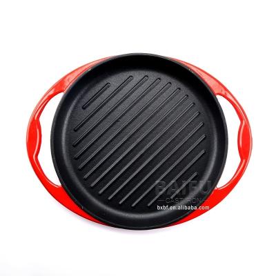 China Vintage Factory Price Round Enameled Cast Iron Grill Grill Pan Cast Iron Skillet Nonstick Round Frying With Double Loop Handles for sale