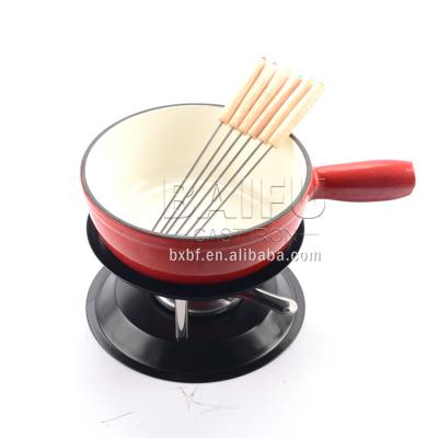 China Sustainable 2-Quart Enamel Cast Iron Fondue Set Cheese Melting Pot Metal Rack with Stainless Steel Forks and Burner for sale