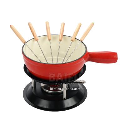 China CLASSIC Cast Iron Enamel Fondue Set Swiss Traditional Cast Iron Cheese Melting Pot with Fondue Bifurcates Cheese Fondue Pot Set for sale