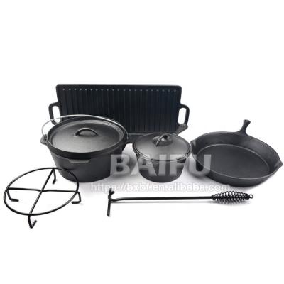 China Viable Openfire Dutch Camping BBQ Oven Set 7-Piece Cast Iron Cookware Pot Set for BBQ, Cooking, Frying, Baking for sale