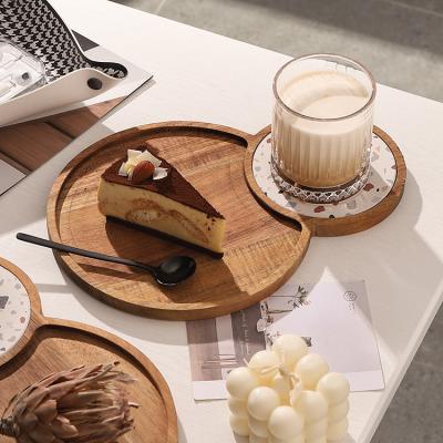 China High Quality Custom Kitchen China Log Open Food Serving Tray Wooden Floating Bamboo Service Round Tray with Handles for Tea for sale