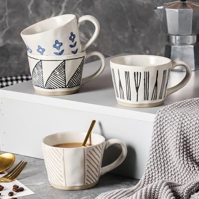 China 300mL Sustainable Striped Rustic Vintage Style Nordic European Pottery Mugs Ceramic Handmade Mugs for sale