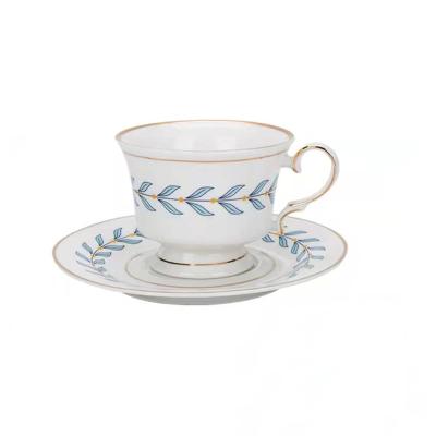 China European Style Gold Trim Leave Flower Stocked Ceramic Tea Cup Set With Saucers For Low Tea for sale