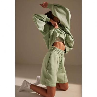 China 2021 Summer Fashion High Street QUICK DRY Long Sleeve Oversized Trouser Cropped Top Gym Hoodie And Shorts Set Women for sale