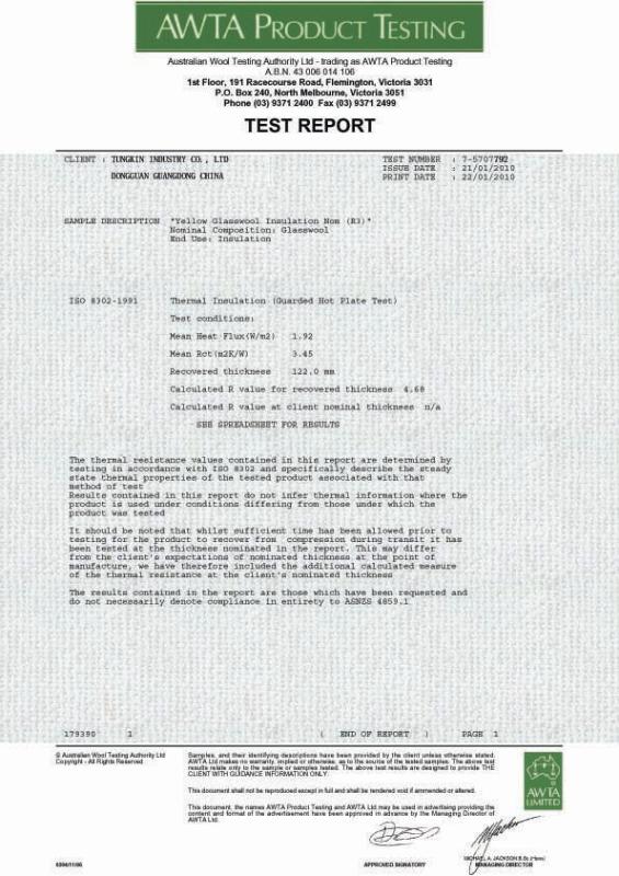 ASNZS.48591 TEST REPORT FOR GLASSWOOL R3.0 - TUNGKIN INDUSTRY Co.Ltd