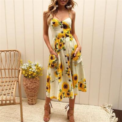 China Anti-Static 36 Colors Tie Backless V Neck Sunflower Print Casual Dress Women Vestidos Smocks Plus Size Dresses Female for sale