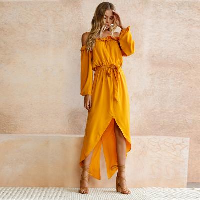 China Wholesale Anti-static Beach Wear Long Sleeve Sundress Ruffles Strap Off Shoulder Yellow Woman Cotton Dress Summer 2019 Split for sale