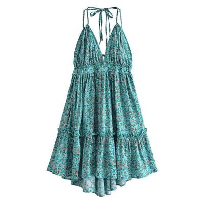 China 2022 Summer New Rayon Filigree Dress Backless Sexy Suspender Dry Cleaning Lace Up Pleated Decorative Women Clothing for sale