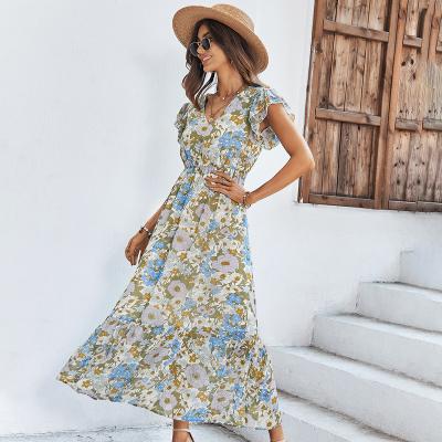 China New Dry Cleaning Women's Long Dress Boho Floral Print Dresses Ruffles Sleeve Women Clothing for sale