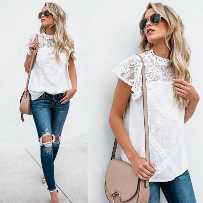 China 2019 anti-shrink spring and summer fashion lace up geometric pattern button short sleeve blouse t-shirt 100% cotton for sale