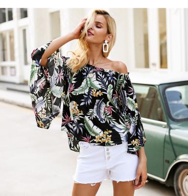 China Anti Pilling Off Shoulder Floral Print Blouse Women Flare Blouse Bohemian Sleeve Beach Blusas Summer Casual Tops for sale