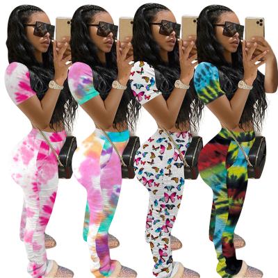 China Women Two Piece Set QUICK DRY Tie Dye Casual Tracksuit Summer Fitness Outfits Crop Top Stacked Pants Sweat Suit Lounge Wear Matching Sets for sale