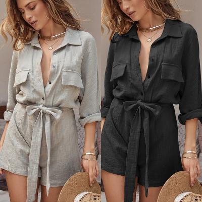 China 2021 Sustainable Casual Autumn Women Jumpsuits Rompers Solid Blouse Cotton And Canvas Playsuits Plus Size Clothing for sale