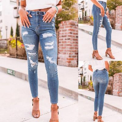 China Breathable High-waist Stretch Women's Jeans Slim Fit Hole Distressed Women Pants for sale