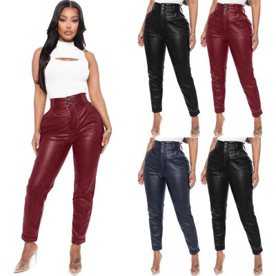 China 2022 new Anti-wrinkle PU skinny sexy pants trim leather to button up high waist gaiters pencil pants women trousers for sale