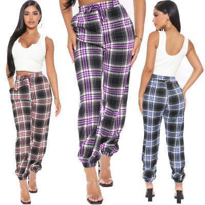 China Fashion Women Pants Plaid Printing Parride Custom Drawstring Harem Pants Ladies Casual Long Trousers for sale