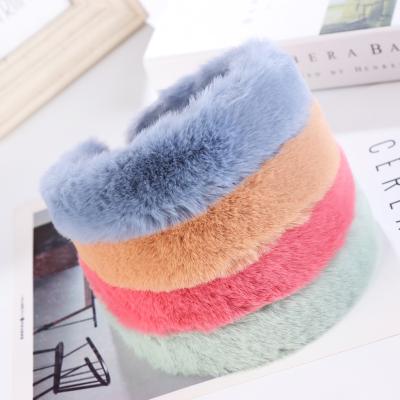 China High Quality European Plush Headband Fashion Fur Headband Solid Color Wide Plush Headband For Women for sale