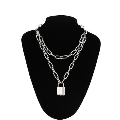 China High Quality Punk Silver Color Padlock Lock Chain 90s Grunge Lock Double Layer Necklace Women Girl Girl Jewelry for sale