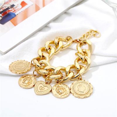 China Retro Embossed Portrait Gold Punk Exaggerated Geometric Bracelets Female Vintage Chain Coin Bangle Jewelry Personality for sale