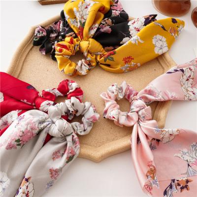 China Fashion High Quality Girls Scrunchies Women Girls Scrunchies Long Satin Bow Ponytail Ribbon Ponytail Printing Fashion Hair Bands Hair Accessories for sale