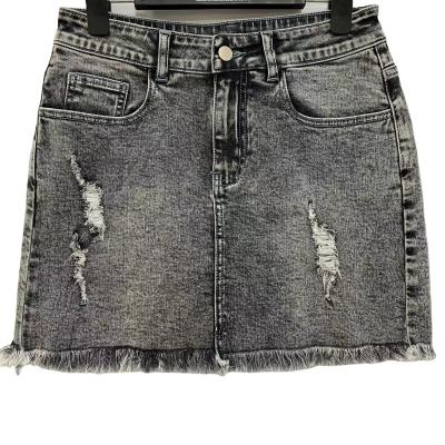 China Women Gray Breathable Mid Waist Casual Ripped Pocket Vintage Denim Short Skirt for sale