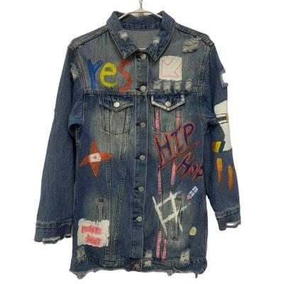 China QUICK DRY Women's Medium Length Graffiti Denim Jacket Denim Motorcycle Jacket for sale