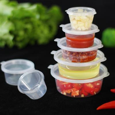 China Disposable 1oz 1.5oz 2oz 3oz 5oz Dipping Chili To Take Out Plastic Disposable Soy Sauce Cups With Hinged Lid for sale