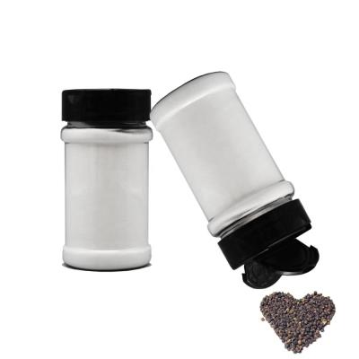 China Cooking Spice 200ml Clear Round Spice Packing Bottle Container With Black Flip Top Lid For 100 Grams Vietnam Black Pepper Powder for sale