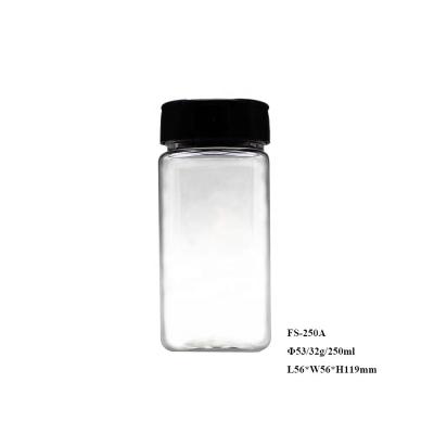 China Cooking Spice Food Grade 250ml Transparent Square PET Plastic Spice Powder Jar, Tall Square Shape Plastic Salt Shaker Bottle With Butterfly Cap for sale