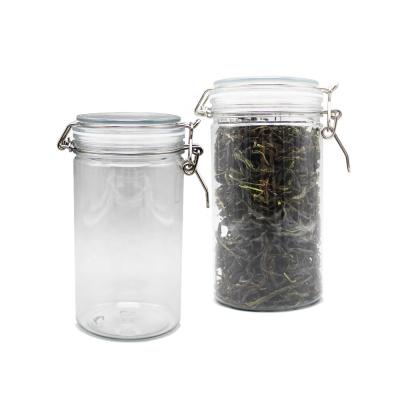 China Plastic Clip Lid Kitchen Candy Storage Top Jars Plastic Wire Bale Storage Jars, 950ml Round Clear And Food Bottle With Swing Top Lid for sale