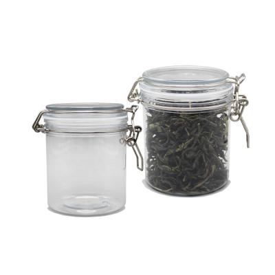 China Small Empty Jar 500ml, Round Shape Clear 500ml Kitchen Food Grade Plastic Clip Viable Airtight Lid PET Tea Storage Container for sale