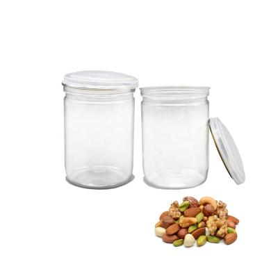 China Plastic Easy Open Food Cans Factory, 500ml Food Grade Plastic Easy Open Round Box Peanut Butter Packing Jar With Clear Plastic Lid for sale