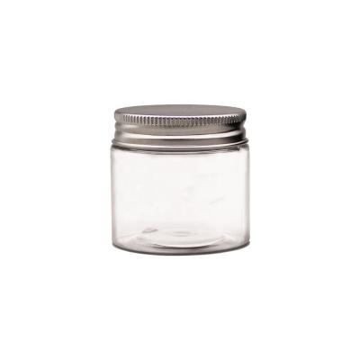 China BEAUTY PACKAGING 60ml Cosmetic Wide Mouth Body Scrub Jar Custom Clear Round Face Mask Plastic Packaging Container PET Clear Jar With Aluminum Cap for sale