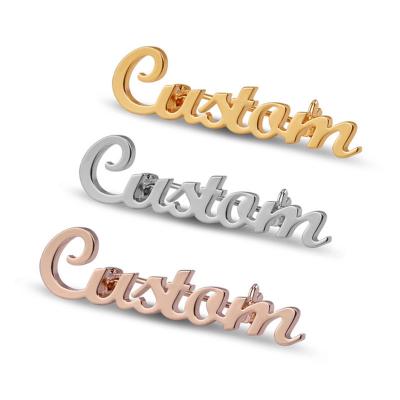 China Can be personalized custom brooch Customized Gold Silver Rose Gold Plated Titanium Steel Brooch Stainless Steel Logo Hollow Letter Name Brooch for sale