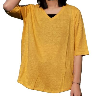 China QUICK DRY Regular Length Regular Canvas Fabric Summer Women T-shirt Yellow Short Sleeve Shirts For Women for sale