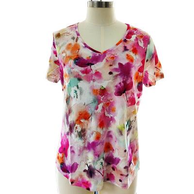 China Women's Breathable Summer Shirt Superdry V-Neck Spring Short Sleeve Flower Patterned Digital Canvas/Cotton Full Print T-shirt Blouse Shirts for sale