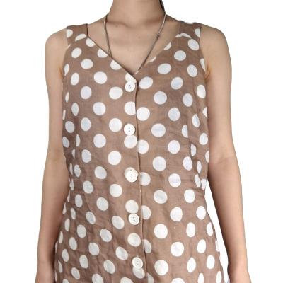 China Khaki Sleeveless QUICK DRY Knee Length V-neck Dot Wave Shirt Superdry Canvas Women Dress To Date for sale